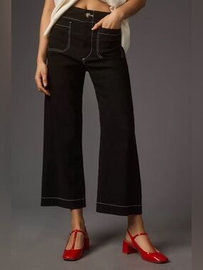 Anthropologie Collette Black Wide-Leg Jeans with White Contrast Stitching